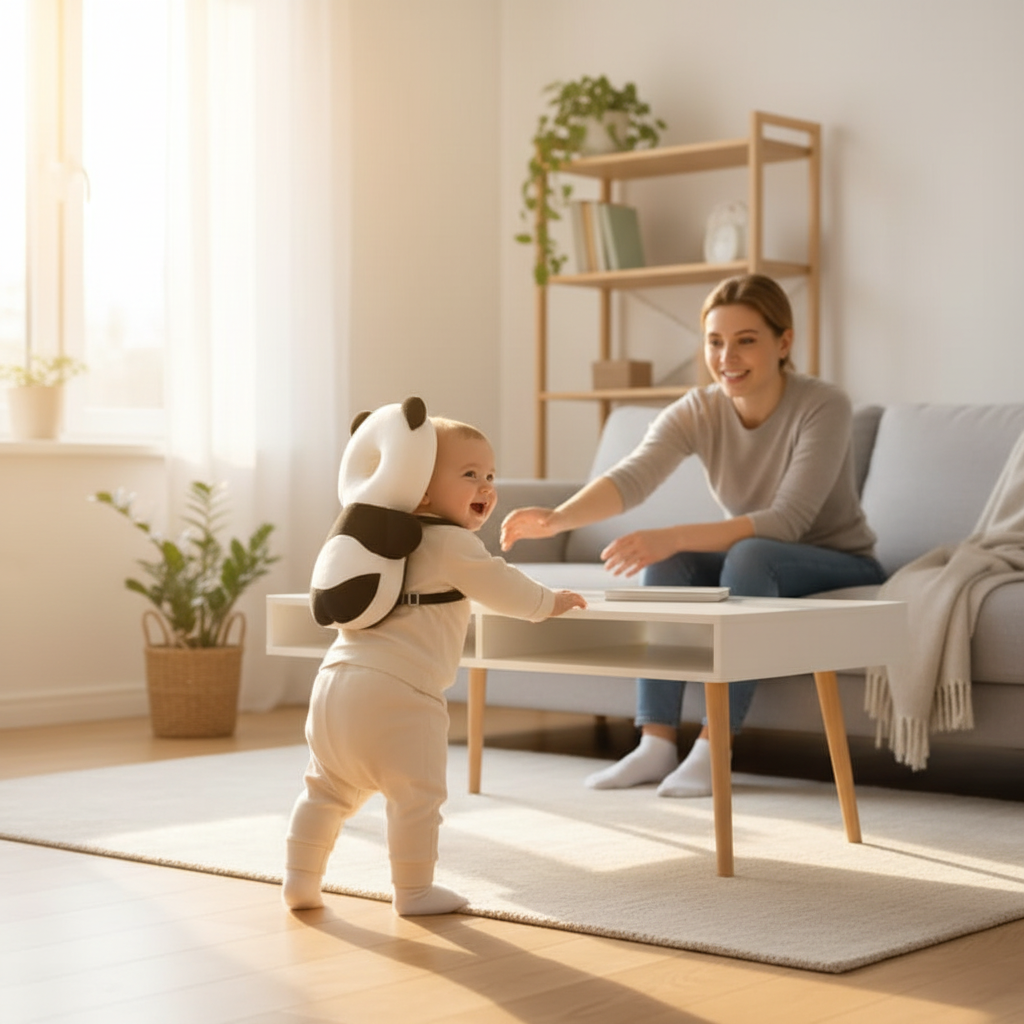 Baby wearing panda head protection cushion with parent in golden hour light