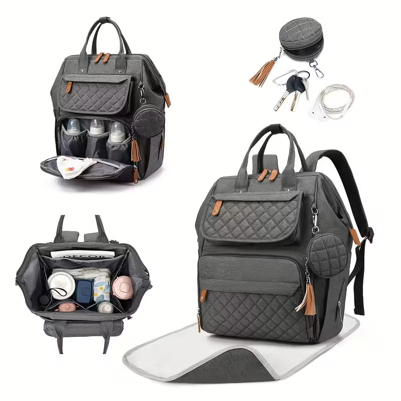 Premium quilted diaper bag backpack in grey – front view