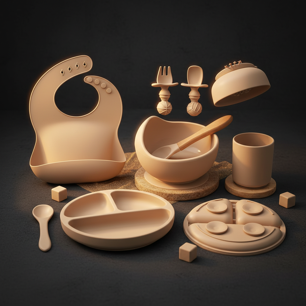 Silicone Baby Feeding Set lifestyle - warm luxury editorial