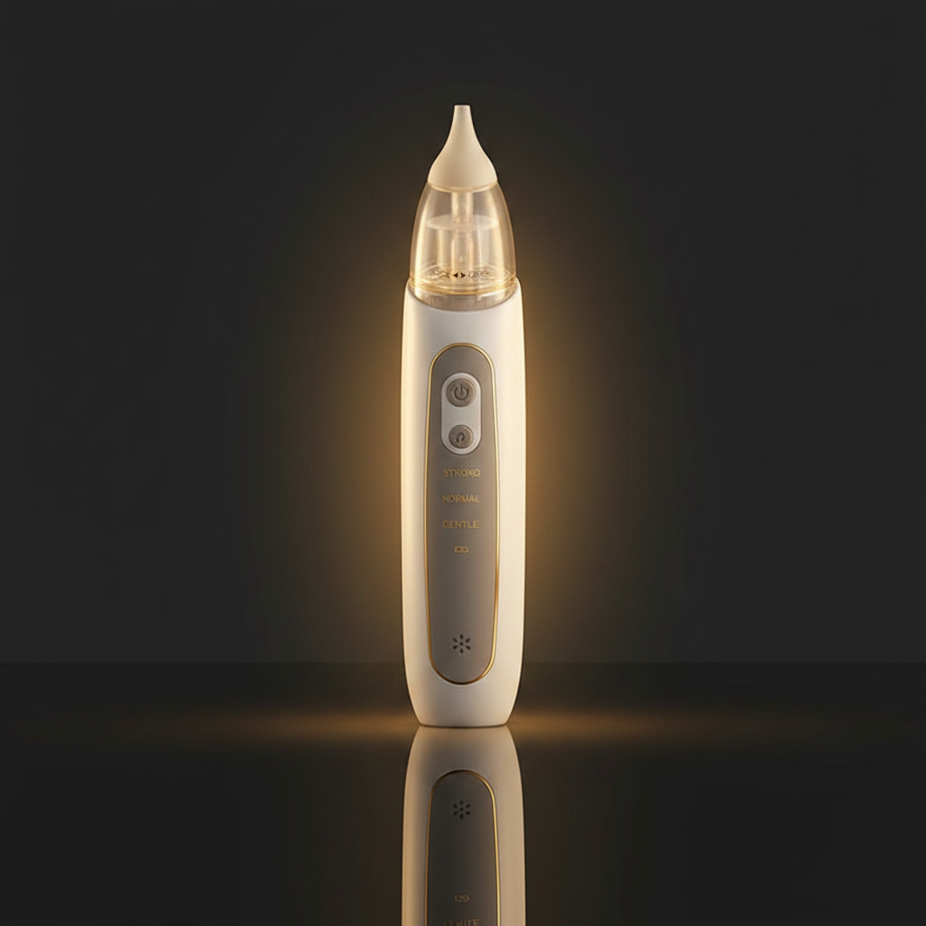 Electric Baby Nasal Aspirator close-up - warm luxury editorial
