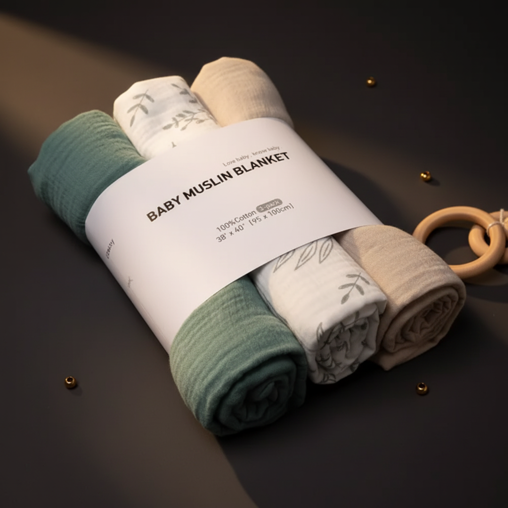 Muslin Swaddle Blanket fabric close-up - warm luxury editorial