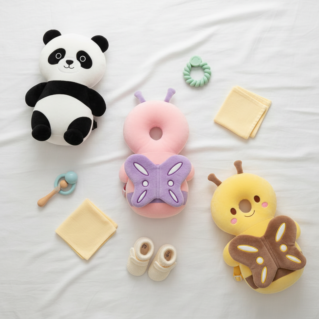 Flat lay of panda, butterfly and bee anti-fall head protection pillows on white linen