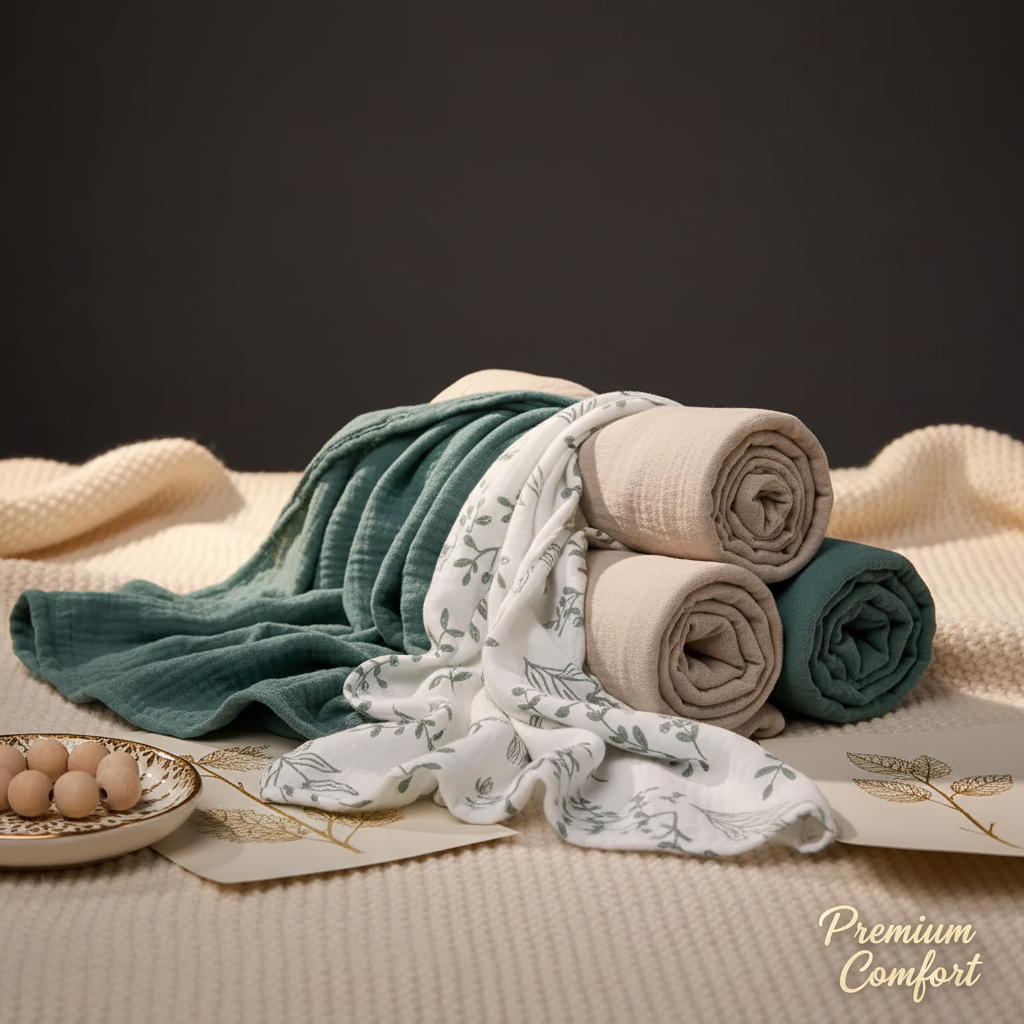 Muslin Swaddle Blanket draped lifestyle - warm luxury editorial