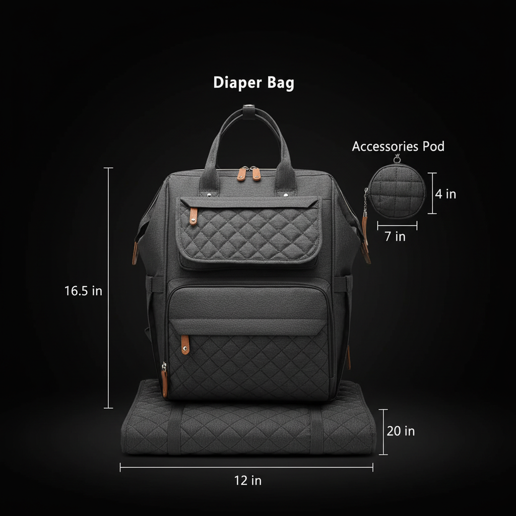 Diaper bag size guide with dimensions
