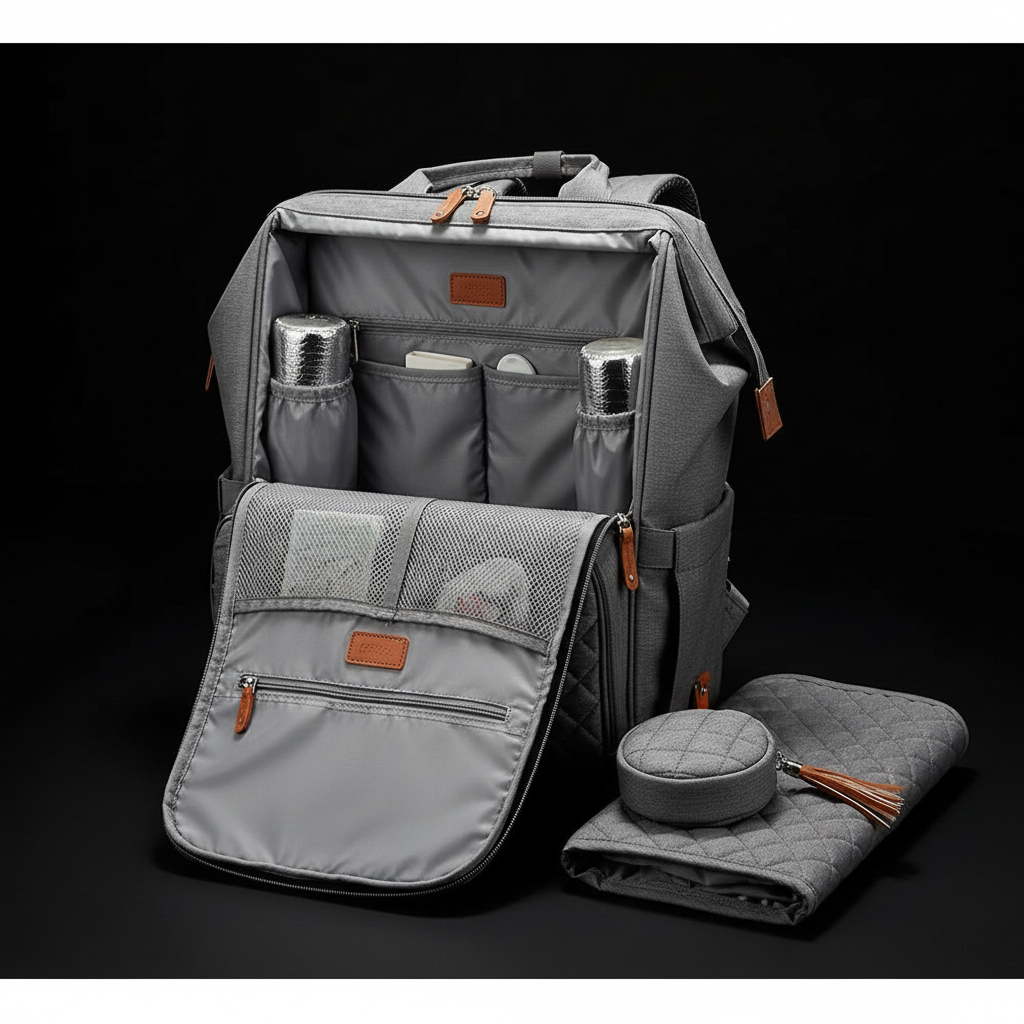 Diaper bag interior compartments and changing mat