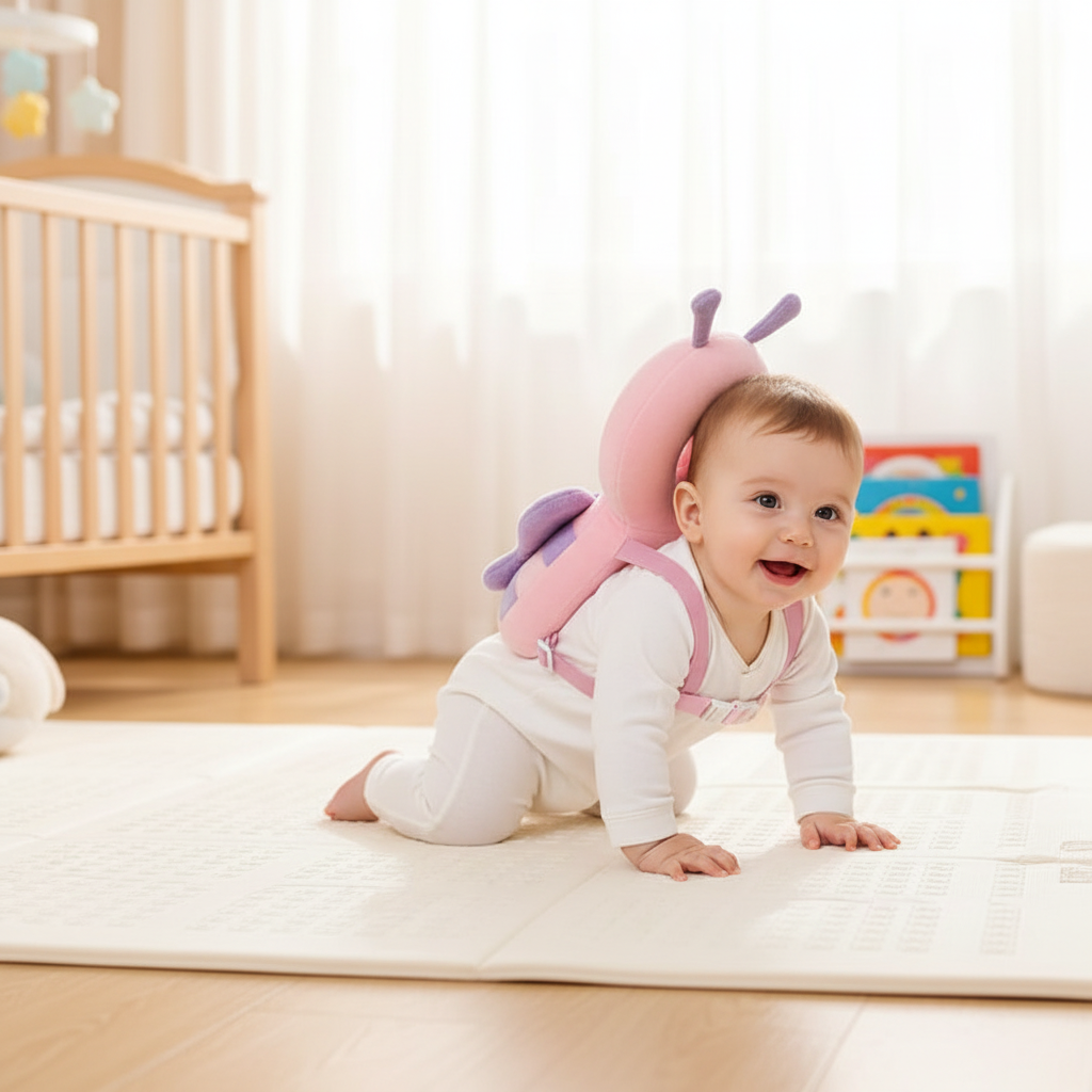 Baby wearing butterfly anti-fall head protection pillow crawling on play mat in nursery