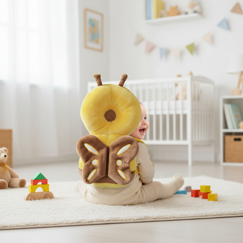 Baby wearing bee butterfly anti-fall pillow sitting with toys in Scandinavian nursery