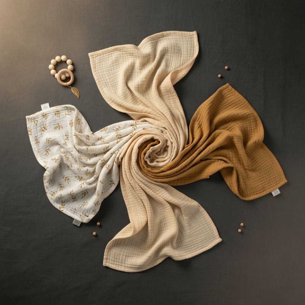 Muslin Swaddle Blanket flatlay - warm luxury editorial