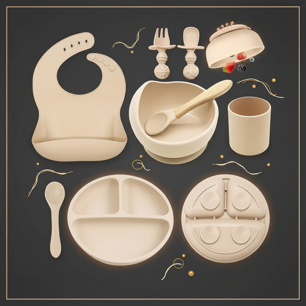 Silicone Baby Feeding Set flatlay - warm luxury editorial