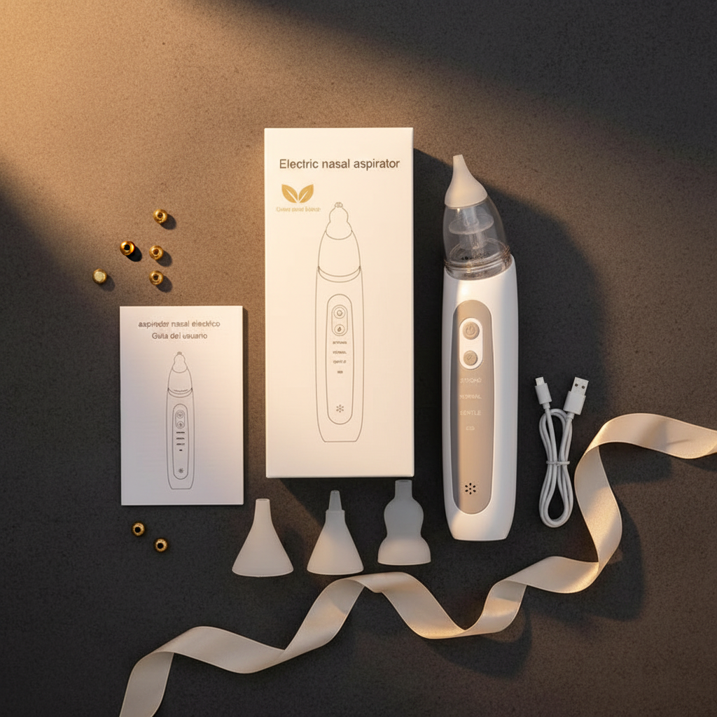 Electric Baby Nasal Aspirator flatlay - warm luxury editorial