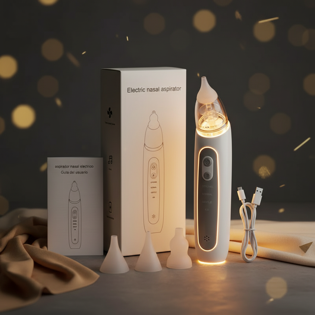 Electric Baby Nasal Aspirator side profile - warm luxury editorial
