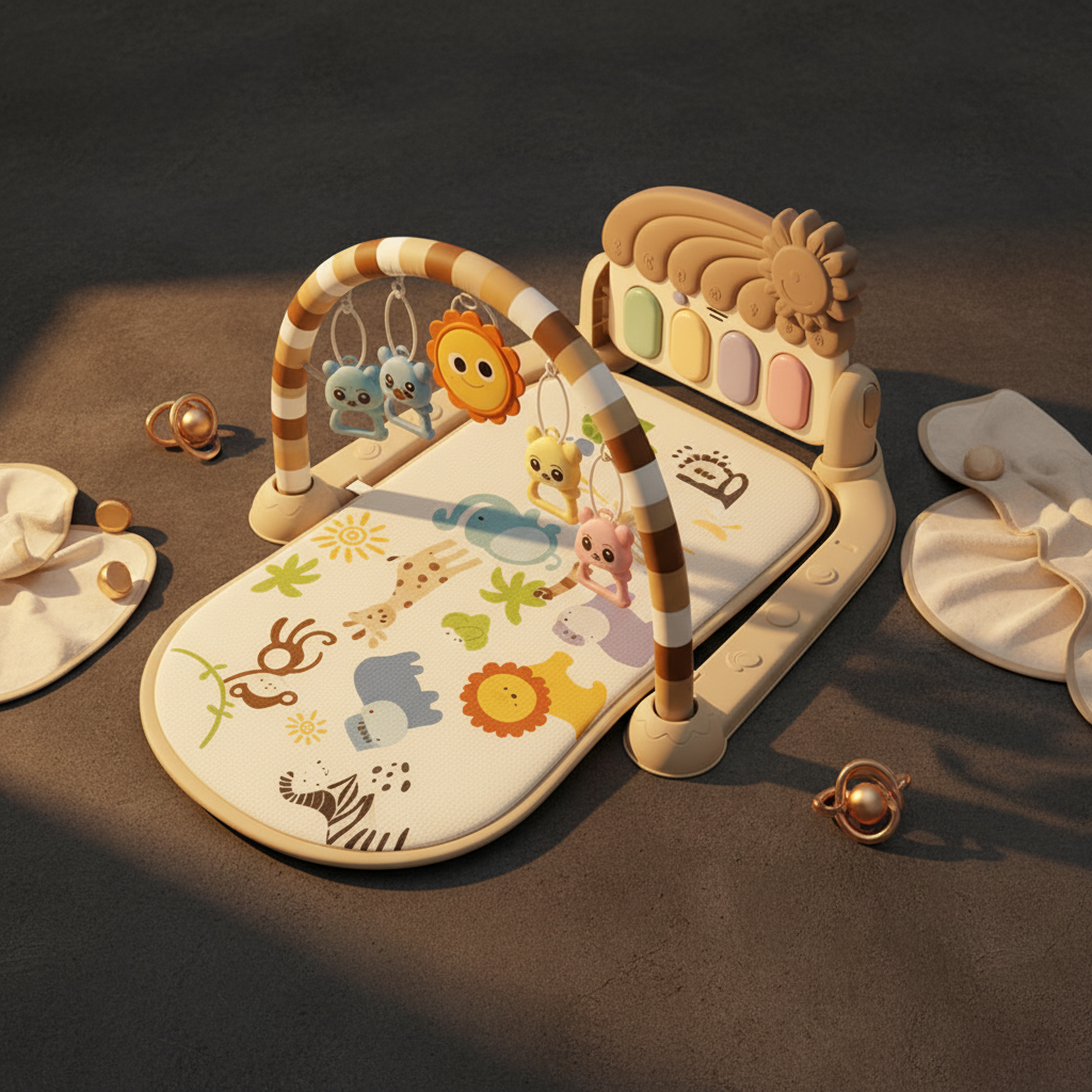 Baby Piano Mat overhead flatlay - warm luxury editorial
