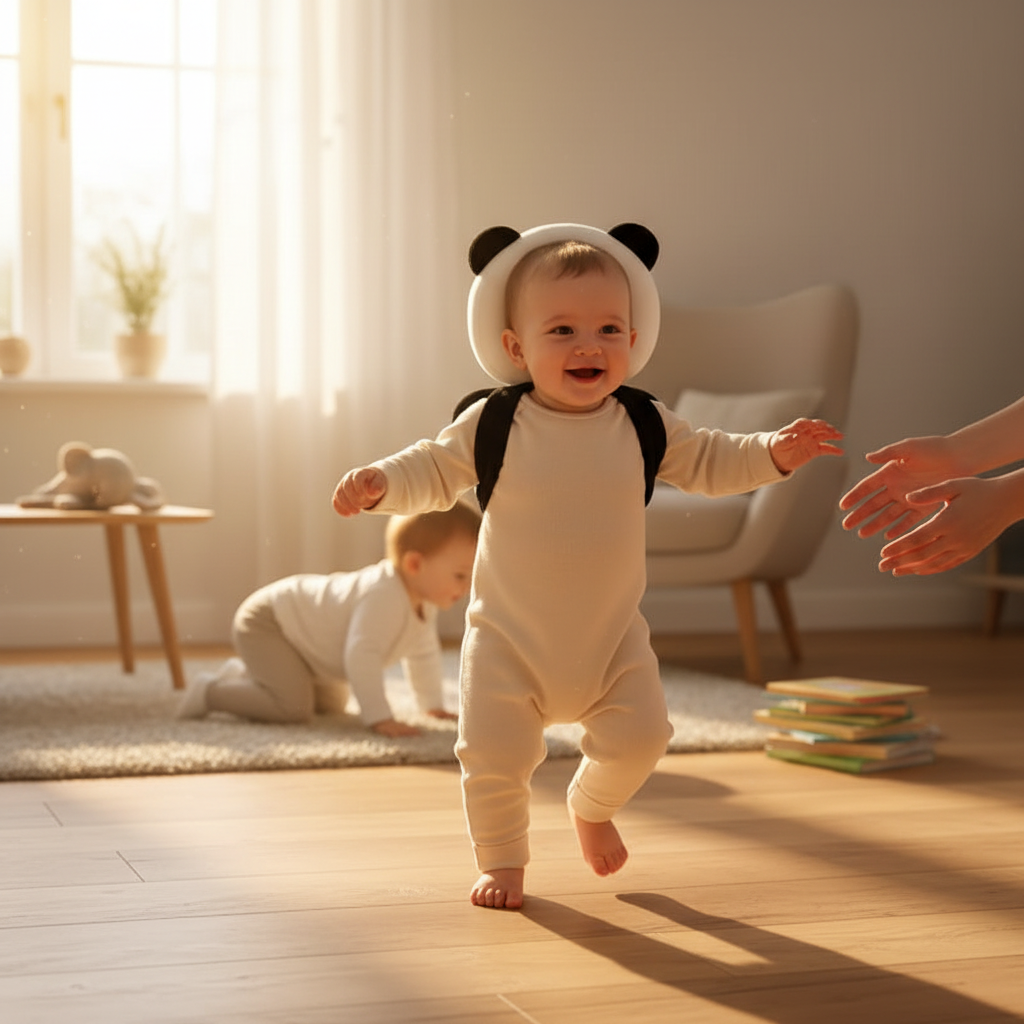Toddler taking first steps wearing panda head protection cushion in living room